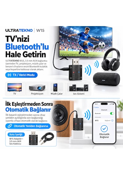 W15 Bluetooth 5.3 2'si 1 Arada Ses Alıcı Verici Rx Tx 3.5mm Aux Usb Adaptör Araç Tv Pc Hoparlör Kulaklık