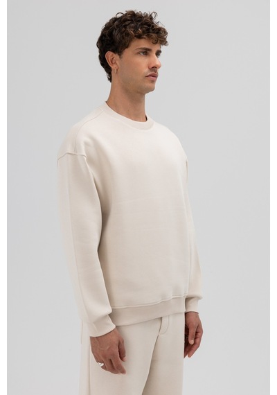 Vamos Basic Bisiklet Yaka Oversize Sweatshirt Taş