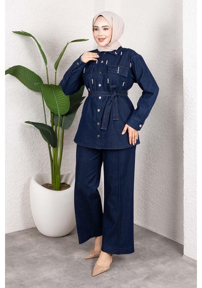 Misskayle Taş Detaylı Kuşaklı Denim Tesettür Takım Koyu Mavi Koyu