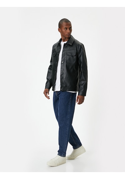 Koton Deri Görünümlü Ceket Slim Fit Düğmeli Cep Detaylı Siyah 5wam20050hw Siyah