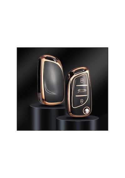 Autohan Keys Lüx Citroen Peugeot Anahtar Kılıfı, Siyah-gold Renk, C1 C2 C3 C4 C5 306 407 807 Ds Standart