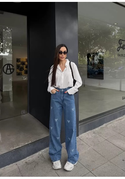 Paradise Drop Fiyonk Nakışlı Bol Kesim Jean Çok Renkli