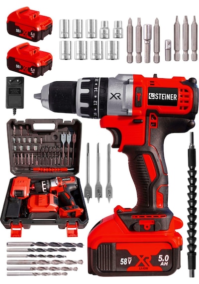 Steiner XR 58 V 5 Ah Darbeli Li-ion Çift Akülü Şarjlı Vidalama Matkap  + 30 Parça Pro Usta Seti