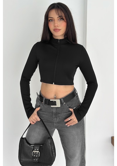 Kadın Fermuarlı Crop Ceket Dinamik & Modern Stil Siyah
