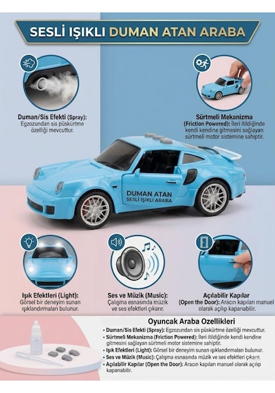 Duman Atan 3 Buton Fonksiyonlu Sesli Işıklı Müzikli Sürtmeli Kapıları Açılan Porsche Oyuncak Araba Mavi