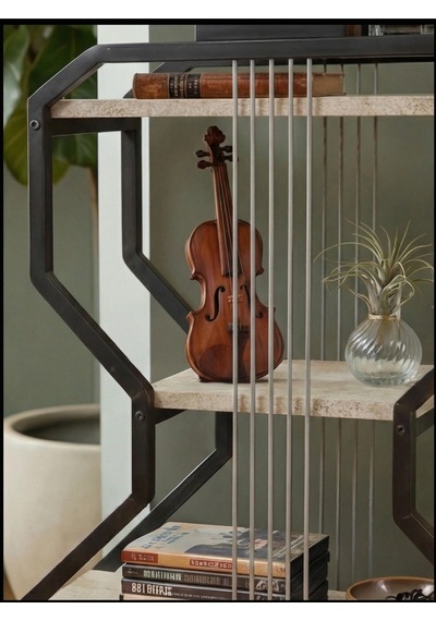 Gitar Ünite Metal Raflı Kitaplık Traverten Mdf