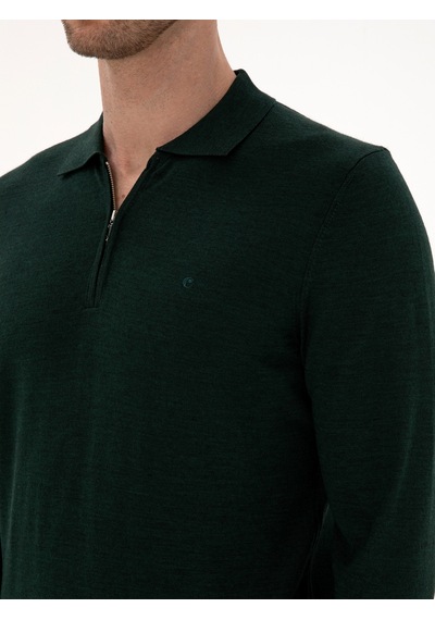 Cacharel Zümrüt Regular Fit Yün Karışımlı Fermuarlı Polo Yaka Basic Triko Kazak Yesıl