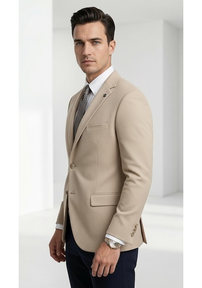 Plus Scorpion Ck 142 Slim Fit Mikro Desenli Erkek Ceket Yazlık Pike Kumaş Çift Yırtmaç Blazer Bej