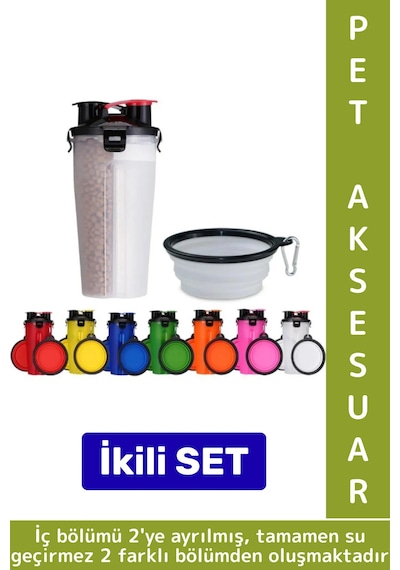 Günlük Seyahat Tipi Evcil Hayvan 2 İç Bölmeli Portatif Pet Kedi Köpek Mama Su Kabı Taşıma Seti