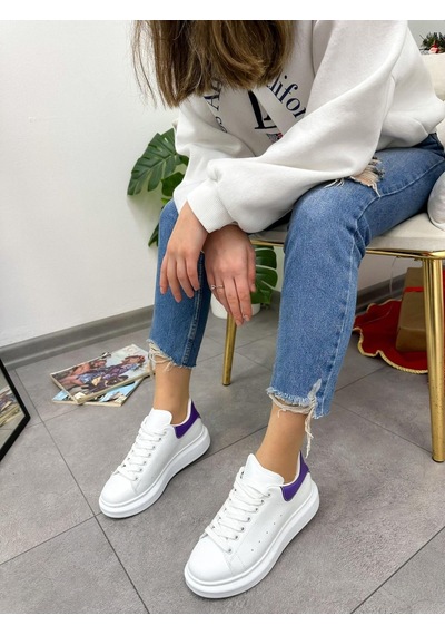 Erva'nın Butiği Beyaz Mor Queen Kadın Bağcıklı Sneakers-5025 Beyaz Mor Cilt