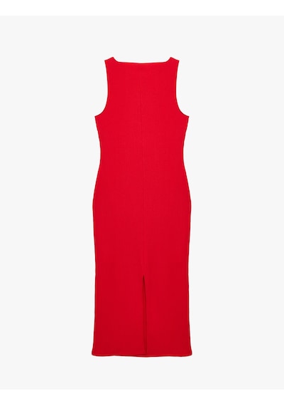 Koton Slim Fit Bürümcük Kumaş Büzgü Detaylı Kolsuz Bisiklet Yaka Uzun Elbise Kırmızı 6sal80268ık