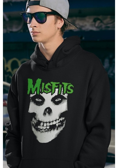 Sevbano Tasarım Misfits Baskılı Unisex Oversize Müzik Grubu Hoodie Siyah