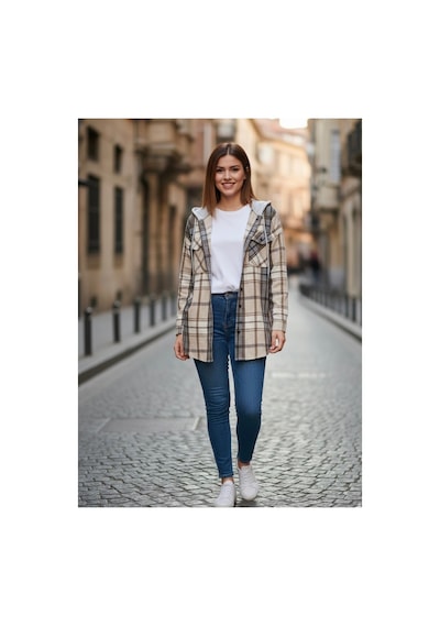 Polologin Butik Kadın Kahve Bej Kapüşonlu Ekose Oduncu Gömlek Ceket - Oversize Kalıp Bej