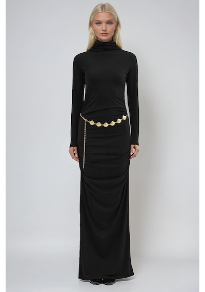 Lijuri Gold Kemerli Ve Drape Detaylı Uzun Elbise 2953 Siyah