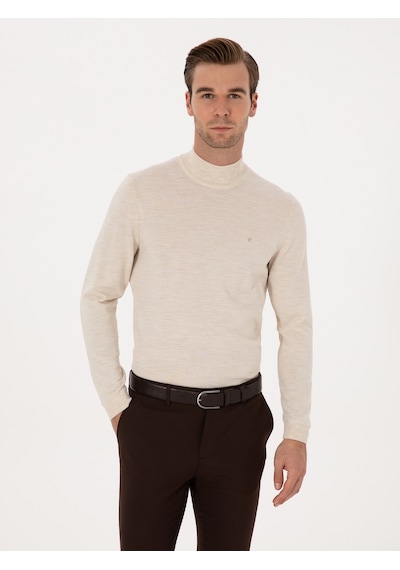 Cacharel Bej Slim Fit Yün Karışımlı Yarım Balıkçı Basic Triko Kazak
