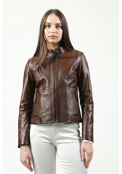 Dericlub Yb2085 Gerçek Deri Kadın Mont Camel Antik Null Camel