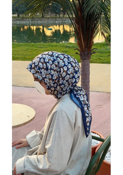 Qalortex Scarf Pamuklu Pera Desen Eşarp - Laci lacivert