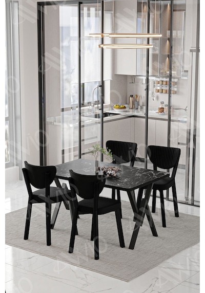 Avvio Vanensi Elma Sandalye 80x120 Yemek Masası Mutfak Masası 4 Kişilik Masa Sandalye Takım Siyah Mermer