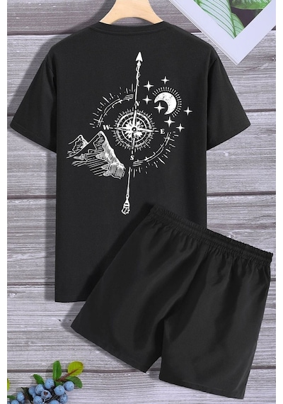 Uyguntarz Pusula Şort T-shirt Eşofman Takımı Siyah
