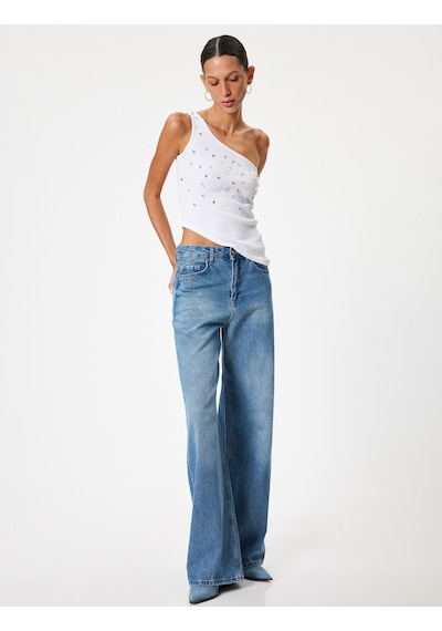 Koton Tek Omuz Atlet Kolsuz Taş İşlemeli Asimetrik Kesim Slim Fit Ekru 4sal30363ık Ekru