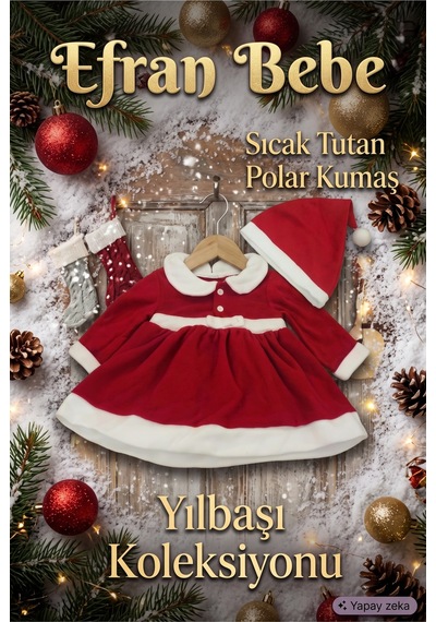 Efran Bebe Kız Bebek Yılbaşı Kostümü, Şapkalı Kırmızı Noel Baba Bebek Elbisesi Seti
