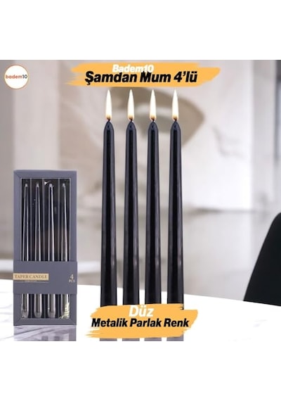 Şamdan Mum 4'lü Metalik Boya Siyah Dekoratif Mumu Kandil Hediyelik Fitilli Mumluk Parlak Siyah 25 Cm Diğer