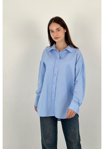 Miss Poem Kadın Polo Yaka Basic Oversize Uzun Kollu Pembe Gömlek Mavi