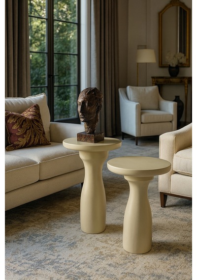 Krem Renk Masif Ahşap Yan Sehpa Modern 2 Li Zigon Takım - Coffee Table Bej
