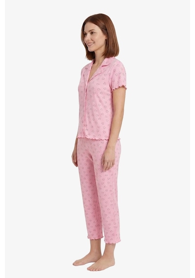 Cottonhill Pudra Kalp Desenli Pointel Gömlek Yaka Kadın Pijama Takımı