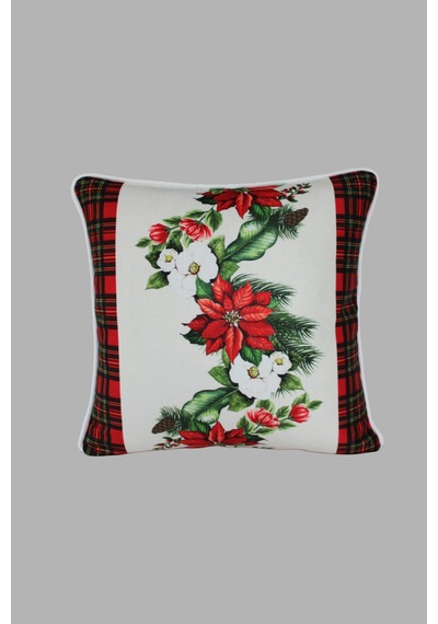 Kırlent Kılıfı Yılbaşı Temalı Çiçek Desenli 45x45 Raşel Örme Kadife Dijital Baskı Beyaz Biyeli Çok Renkli