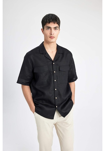 DeFacto %100 Keten Relax Fit Polo Yaka Yazlık Basic Düz Kısa Kollu Gömlek B6687AX24SPBK27