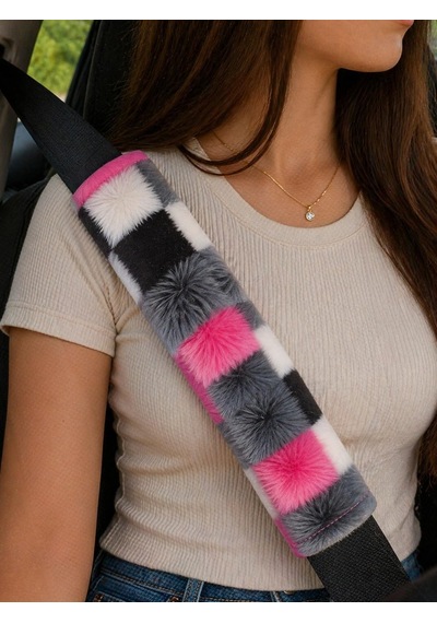 Dijital Baskılı Emniyet Kemeri Pedi, Pembe-gri Kareli, Yumuşak Süngerli, Universal, 26 Cm, 2 Adet