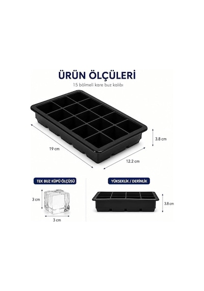 15 Li Standart Boy Kare Silikon Buz Kalıbı Mıt1341 Gri - Siyah