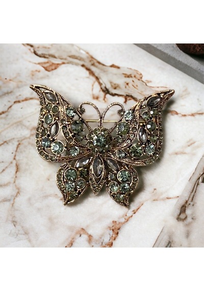 Black Diamond Swarovski Taşlı Kelebek Broş Gri