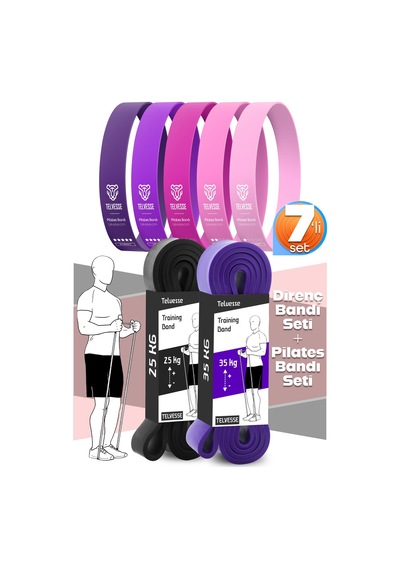 7li Mega Set 25+35 Kg + 5li Pilates Direnç Bandı Barfiks Lastiği Loop Band Pembe Ton Çok Renkli