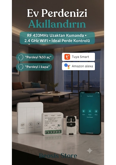 Wifi + Rf 433 Mhz Akıllı Perde Kontrol Seti Modül, Duvar Anahtarı Ve Kumanda