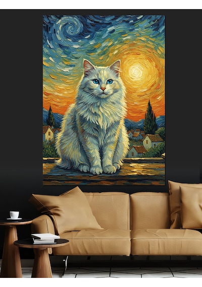 Karizma Tablo Van Gogh Stili Beyaz Kedi Dekoratif Kanvas - Mdf Ahşap Tablo