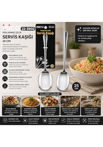 İbico İ22-444 25cm Krom Metal Servis Kaşık - 12'li Paket Diğer