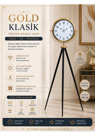 Gold Klasik Tripod Ayaklı Saat