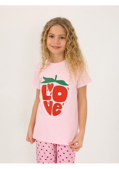 Kız Çocuk Kısa Kollu %100 Pamuklu Pijama Takımı Cute Love Toz Pembe