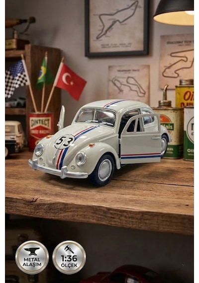 1:36 Ölçek Metal Vosvos Çek Bırak Araba Kapıları Açılan Oyuncak 1947 Volkswagen Beetle - Beyaz