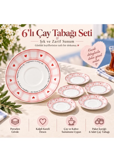 Tr 6'li Porselen Çay Tabağı Seti, Pembe Ekose Kalp Desenli Diğer