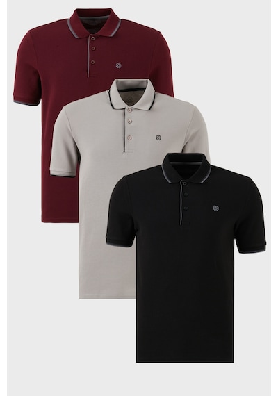 Buratti Pamuklu Slim Fit Şerit Detaylı Düğmeli Polo Yaka 3'Lü Paket Erkek T Shirt 5902118S3 Siyah-Vişne-Taş