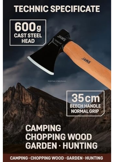 Jaws Kamp Baltası, 600 Gram, Dökme Çelik Baş, 35 Cm Kayın Sap, Isıl İşlemli, Elektrostatik Toz Boyalı, Normal Tutuş, Odun Kesme, Kamp, Bahçe, Av Kullanımı