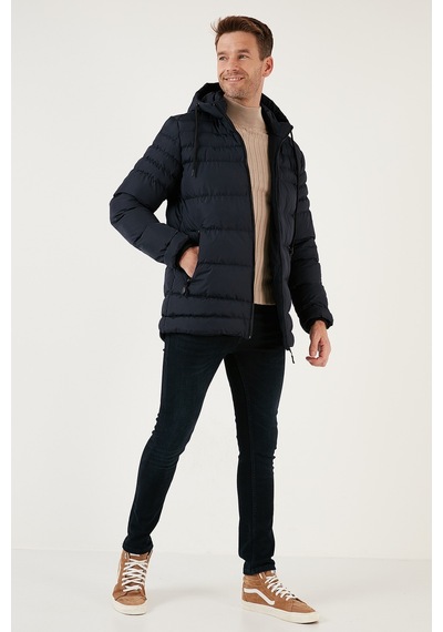 Buratti Su Itici Slim Fit Soğuğa Ve Rüzgara Dayanıklı Kapüşonlu Şişme Erkek Mont 649005 Lacivert