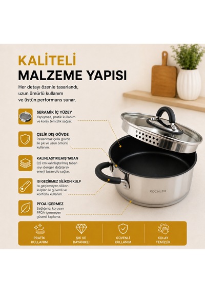 8 Parça Paslanmaz Çelik Tencere Seti İndüksiyon Ocak Uyumlu, Süzgeç Kapaklı Gümüş