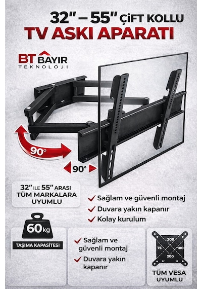 Tüm Markalar Ile Uyumlu Televizyon Çift Kollu Hareketli Duvar Asma Aparatı 32-55''inç Arası
