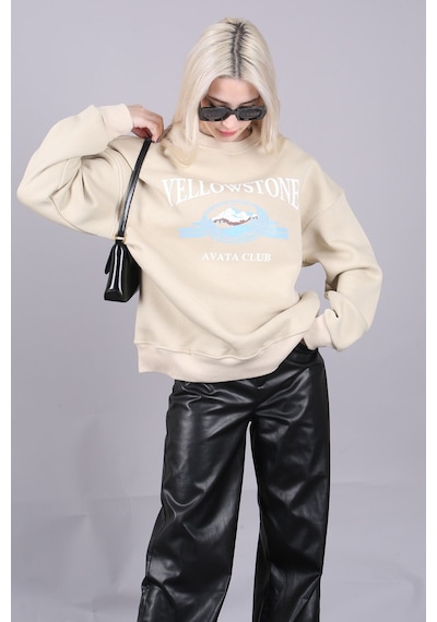 Bej Bisiklet Yaka Baskılı Sweatshirt Mg1571