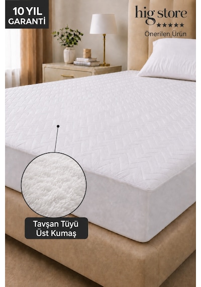 Tavşan Tüyü Peluş Sıvı Su Geçirmez Ultra Yumuşak Sessiz Fitted Tasarım Tek Çift Battal Boy Yatak Koruyucu Alez Beyaz