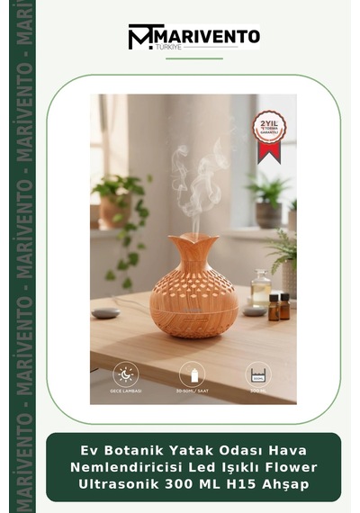 Ev Botanik Yatak Odası Hava Nemlendiricisi Led Işıklı Flower Ultrasonik 300 Ml H15 Ahşap